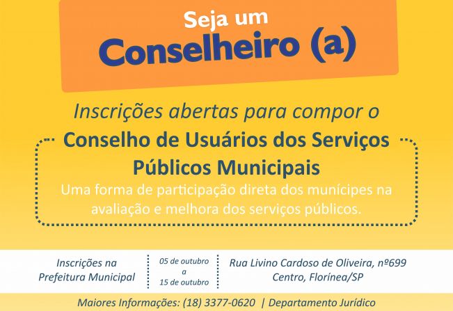 MUNICÍPIO DE FLORÍNEA ABRE INSCRIÇÕES PARA O CONSELHO DE USUÁRIOS DOS SERVIÇOS PÚBLICOS ATÉ O DIA 15 DE OUTUBRO