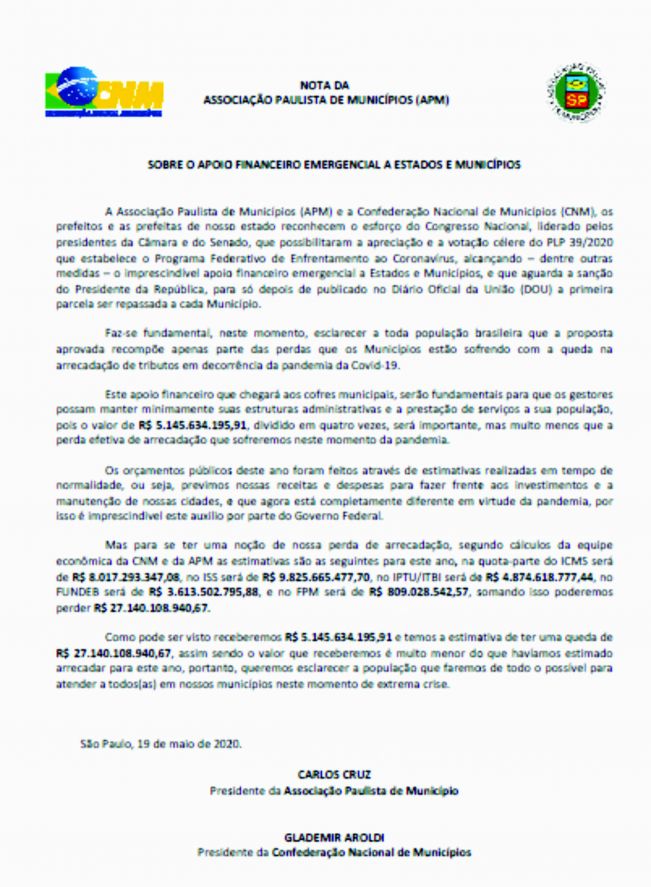 APOIO FINANCEIRO EMERGENCIAL A MUNICÍPIOS IRÁ RECOMPOR APENAS 20% DA PERCA DA ARRECADAÇÃO MUNICIPAL